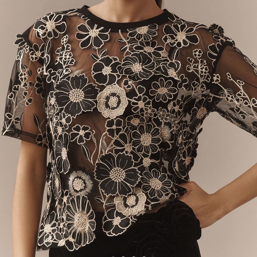 NWOT Anthropologie Dolan Left Coast Flower appliqué sheer tee in Black & Gold